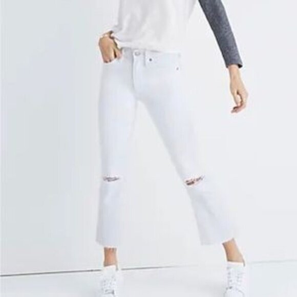 Madewell Cali Demi-Boot Jean Pure White Raw-Hem Distressed Stretch Denim 26 - Picture 1 of 15
